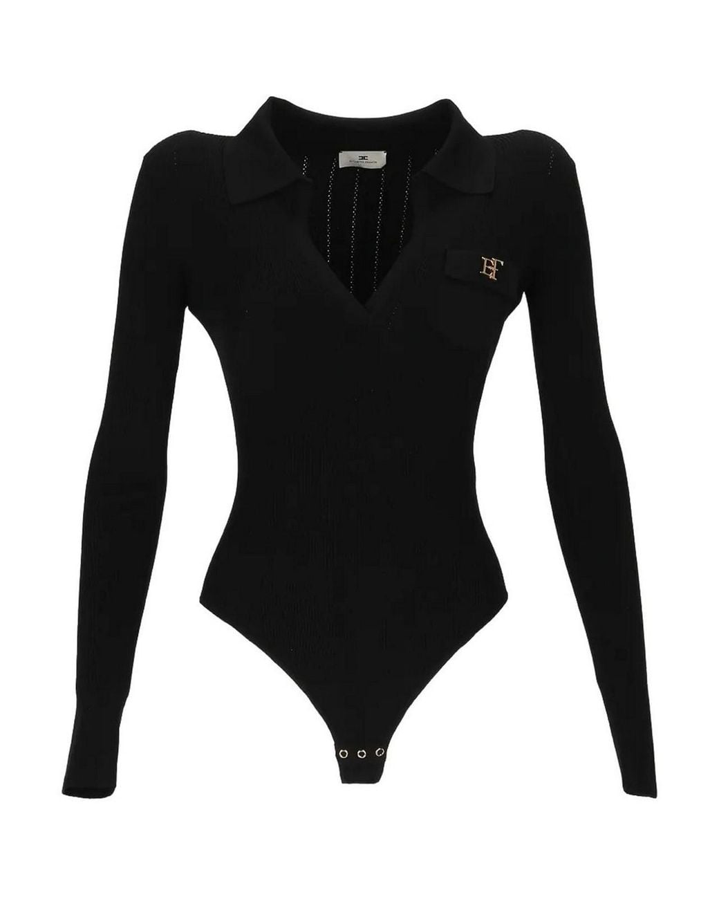 Elisabetta Franchi Black Ribbed Knit Bodysuit With Deep V-Neckline And Logo Detail