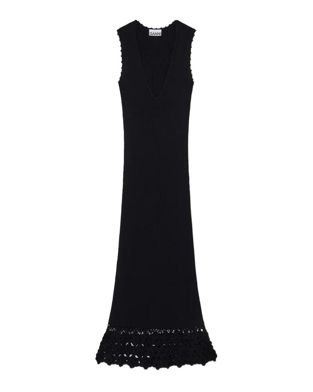 Ganni Black Fine Cotton Rib Crochet Vneck Dress