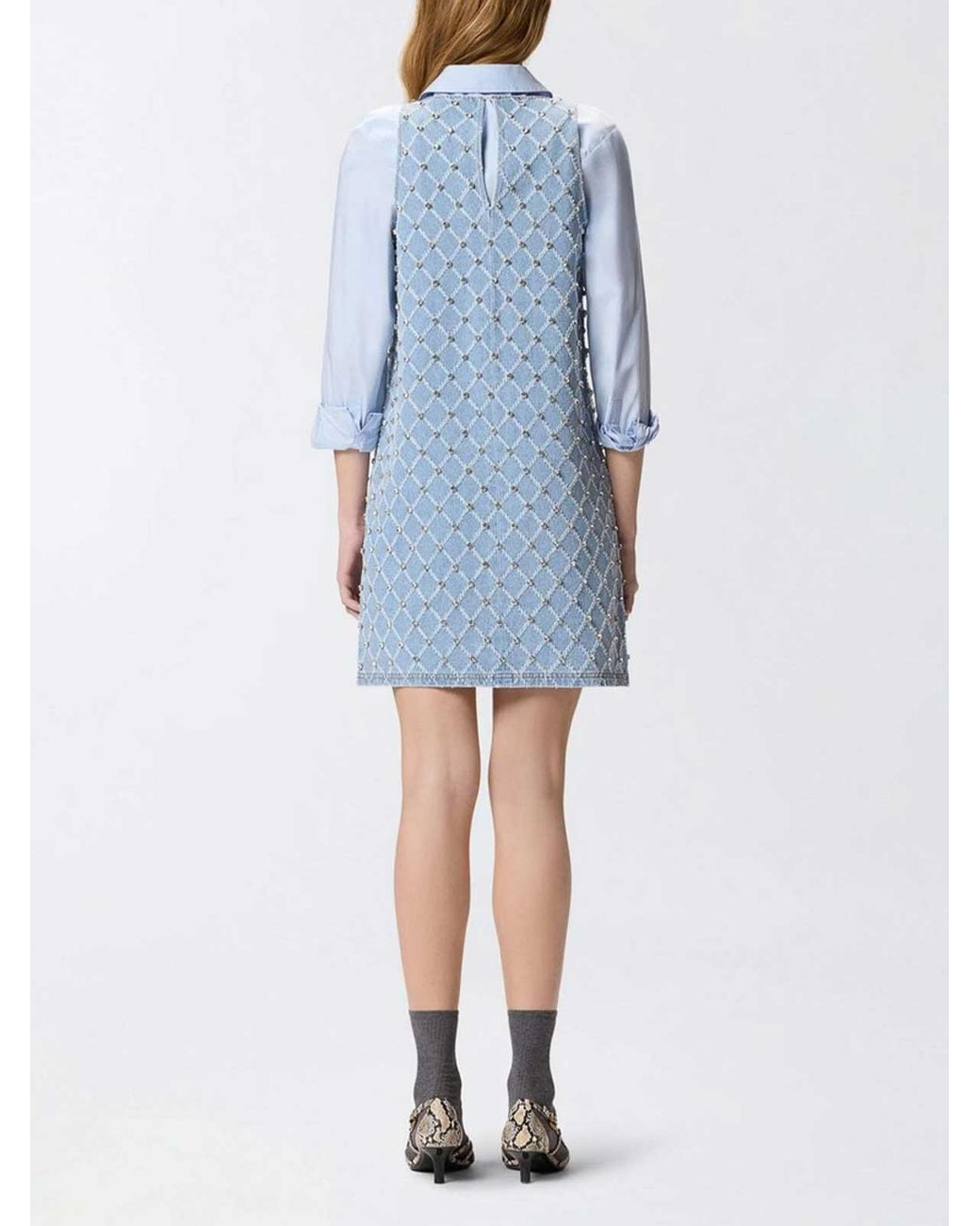 Pinko Blue Sleeveless Denim Dress With Rhinestones