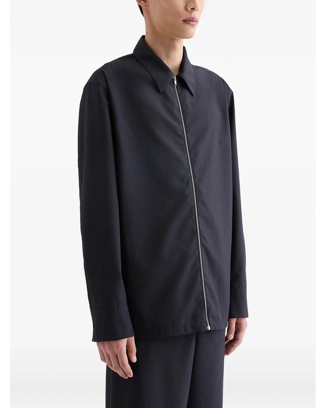 Jil Sander Blue Poplin Zip-Up Shirt for men