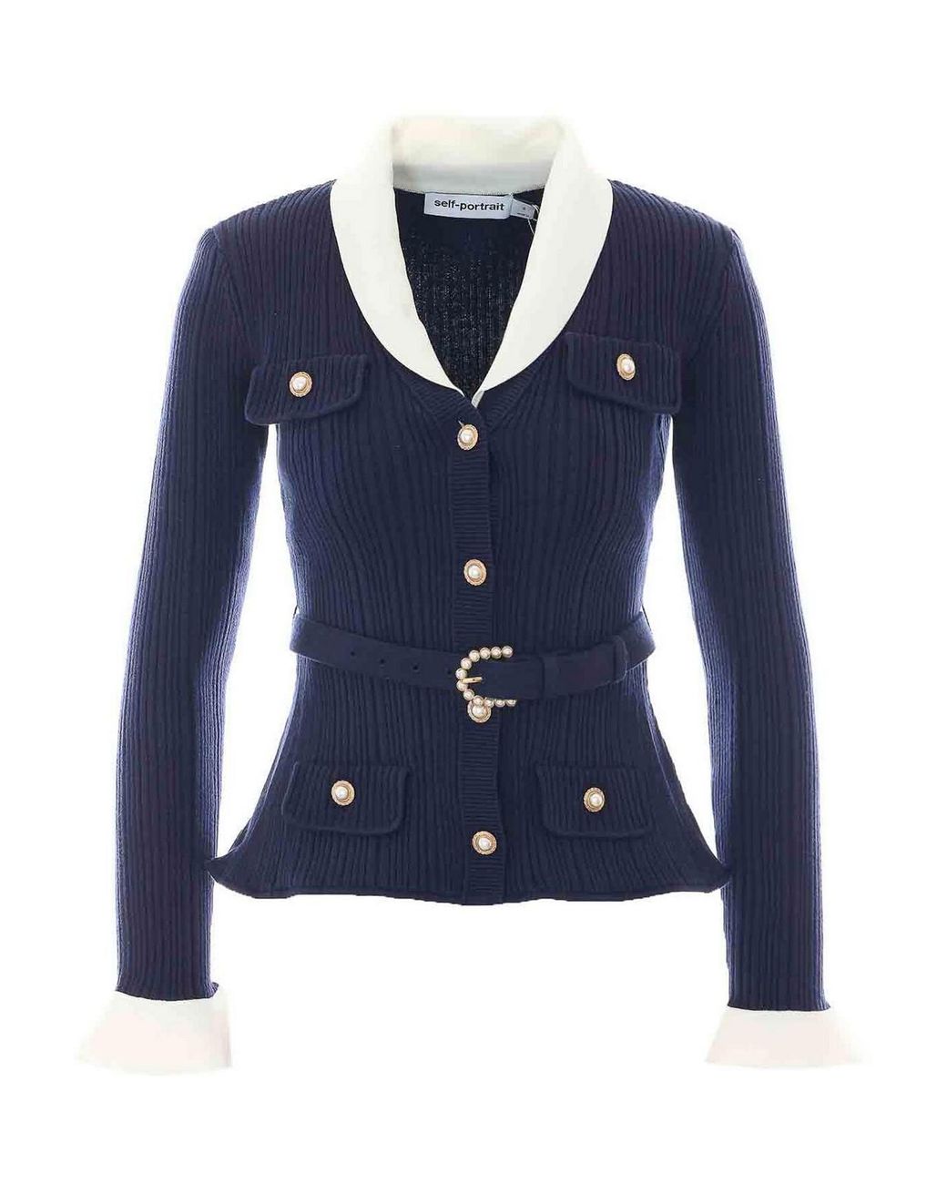 Self-Portrait Blue Ribbed Knit Cardigan