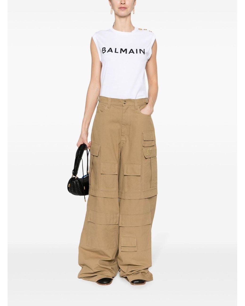 Balmain White Optical Button Shoulder Logo T-shirt