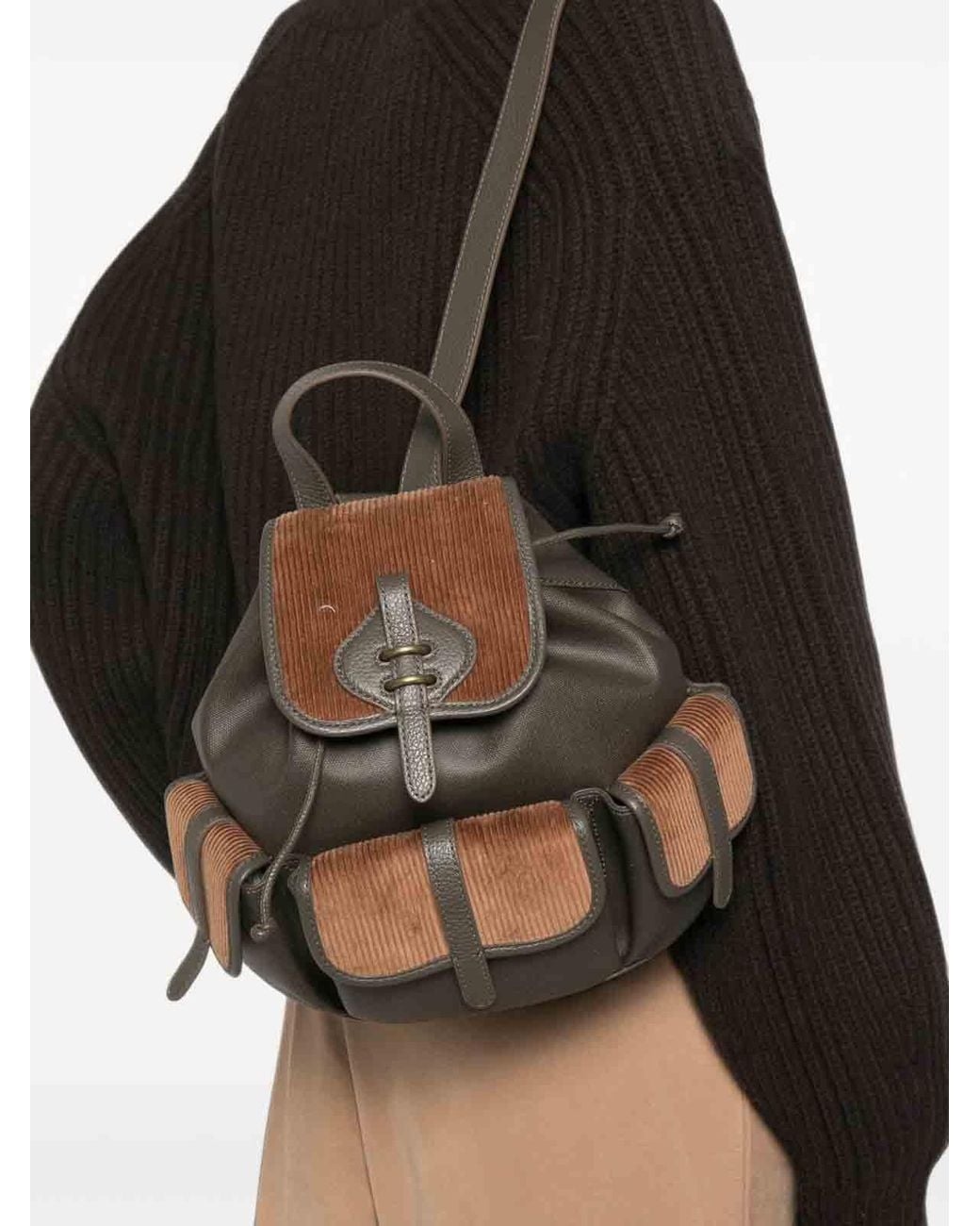 Coccinelle Black Leather Backpack With Corduroy Details