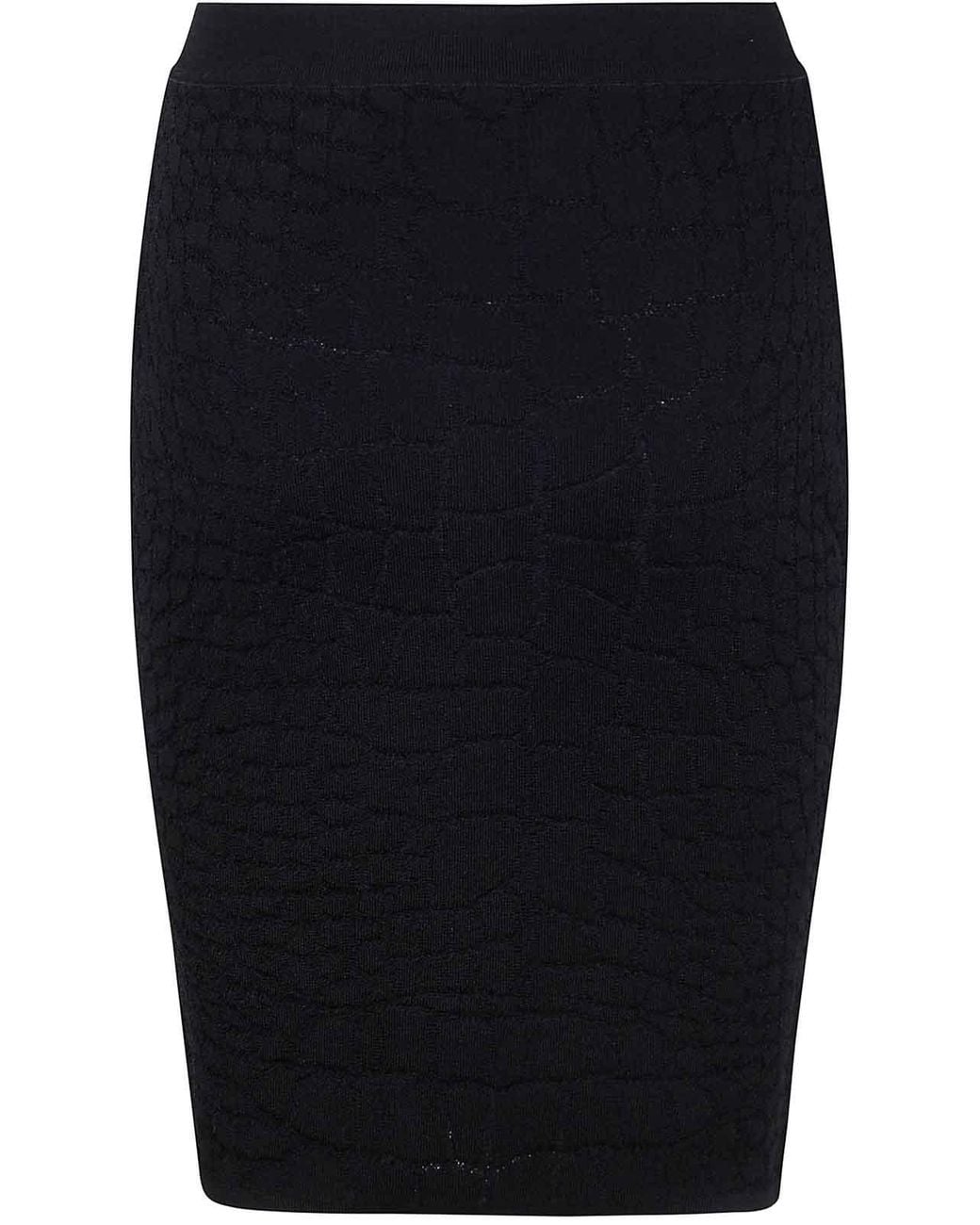 Balmain Black Hw Zipped Croco Knit Knee Lenght Skirt
