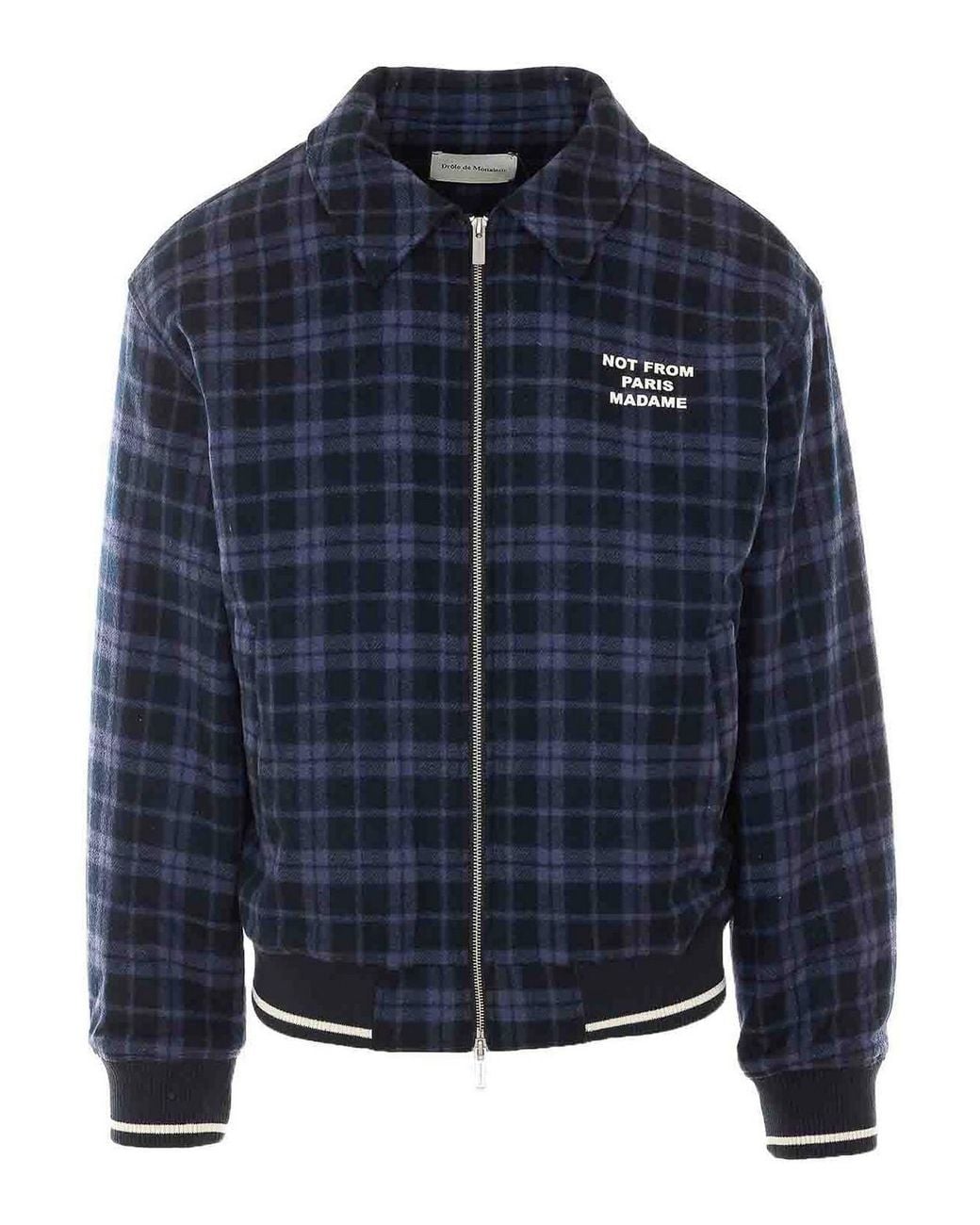Drole de Monsieur Blue Check Flannel Slogan Jacket for men