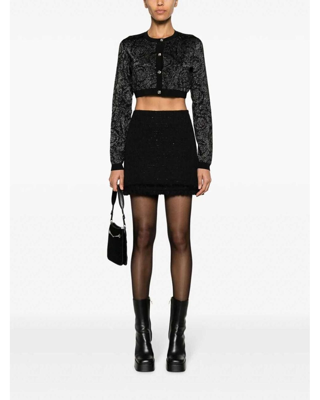 Versace Black Barocco Texture Knit Cropped Cardigan