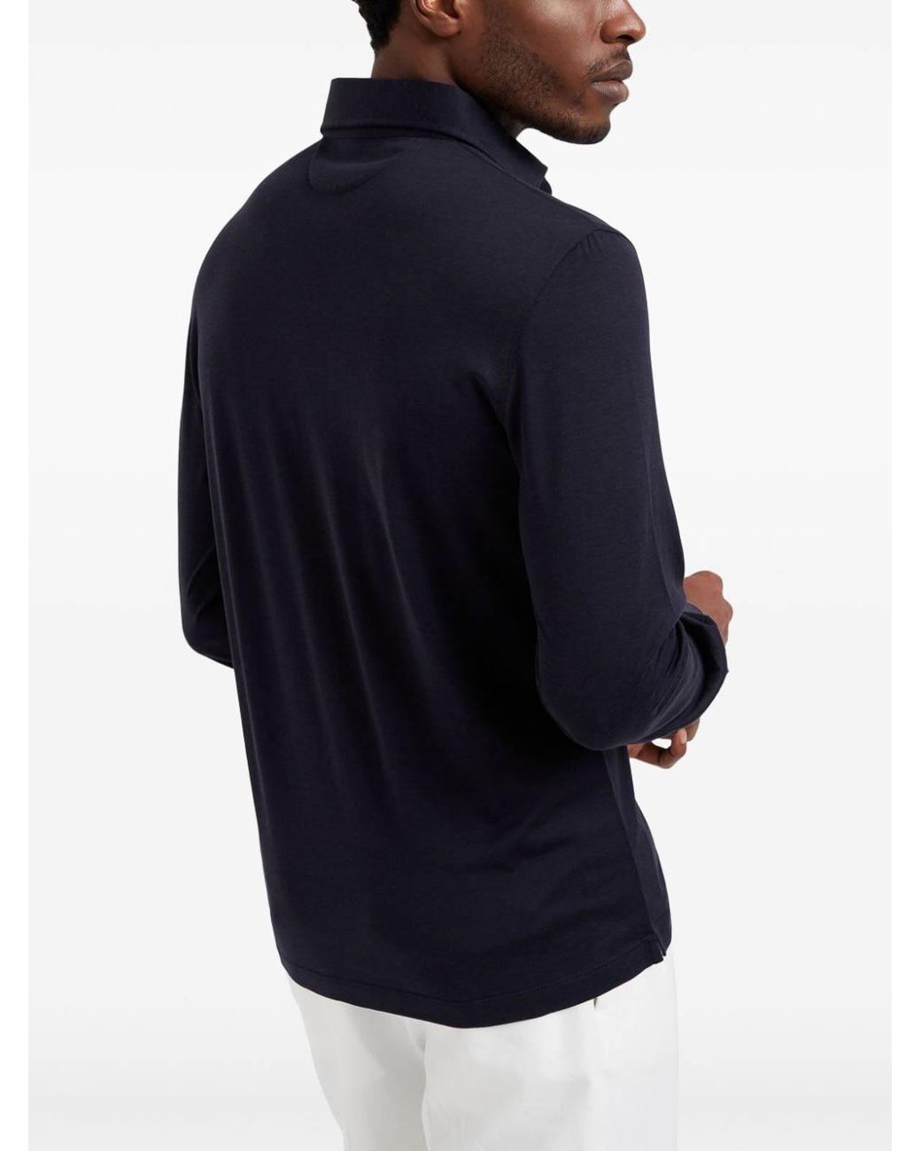 Brunello Cucinelli Blue Long Sleeve Polo With Shirt-Style Collar for men