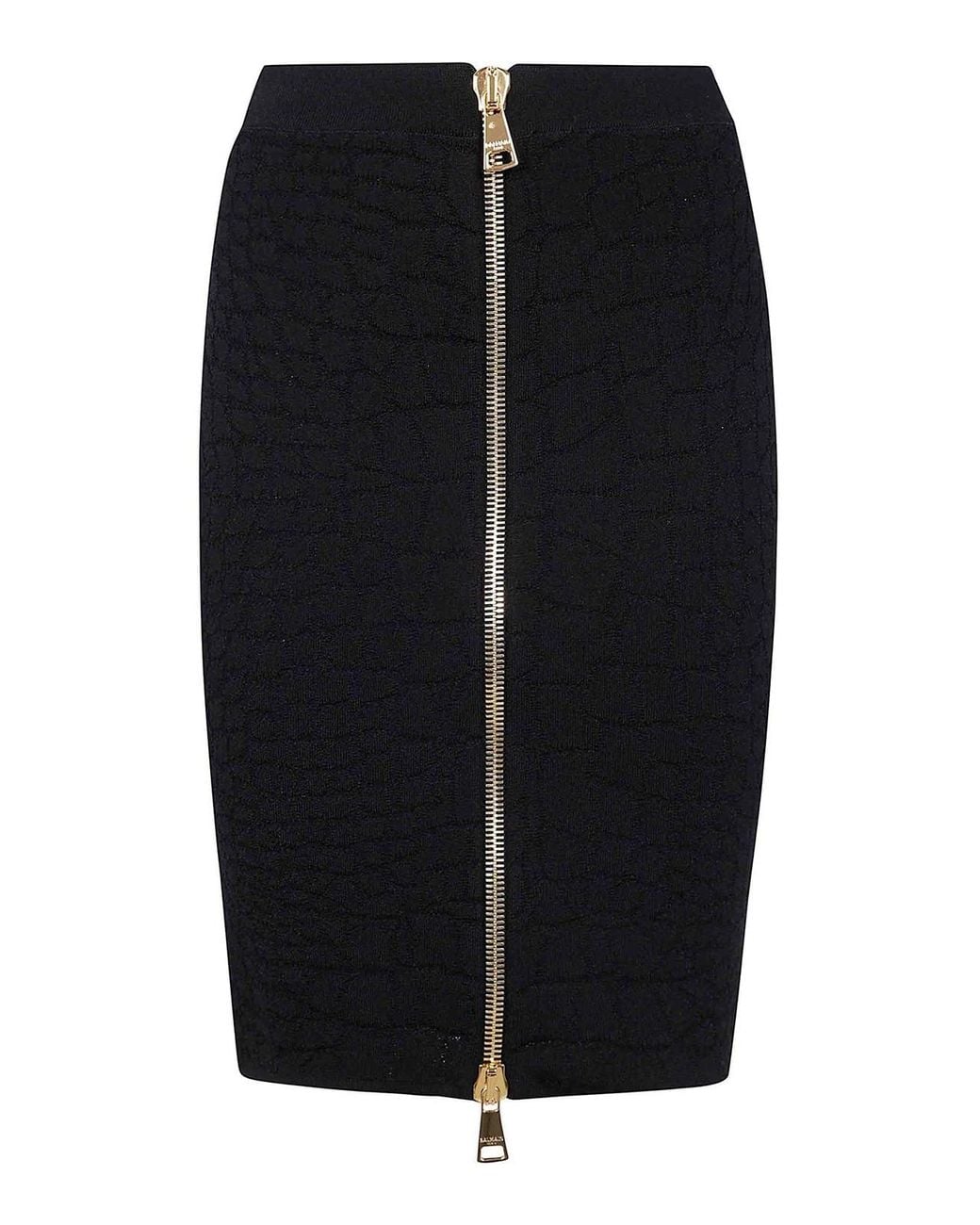 Balmain Black Hw Zipped Croco Knit Knee Lenght Skirt