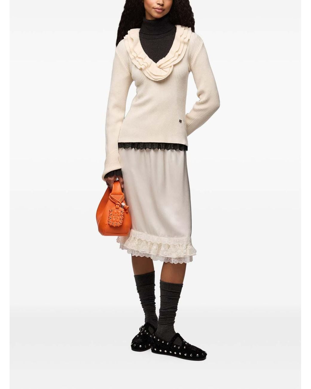 Ganni White Ribbed Merino Wool Frill Sweater
