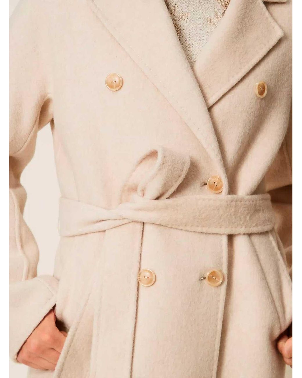 Twinset Natural Double-Breasted Wool Coat With Belt