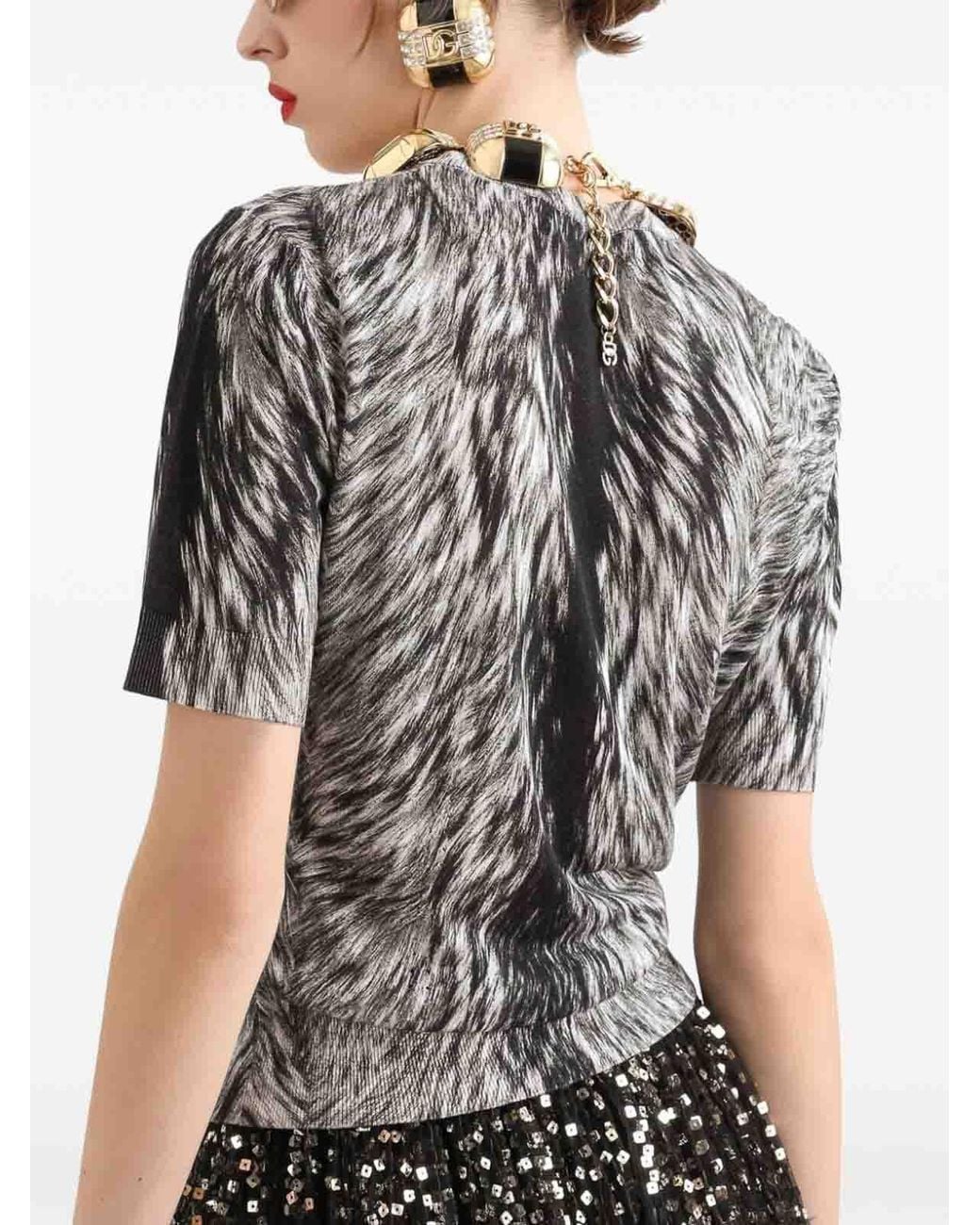 Dolce & Gabbana Gray Fur Print Silk Sweater