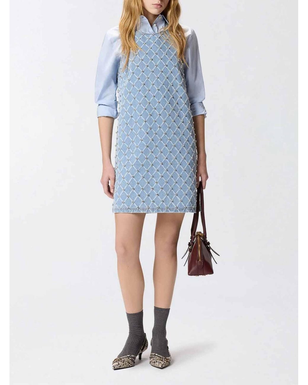 Pinko Blue Sleeveless Denim Dress With Rhinestones