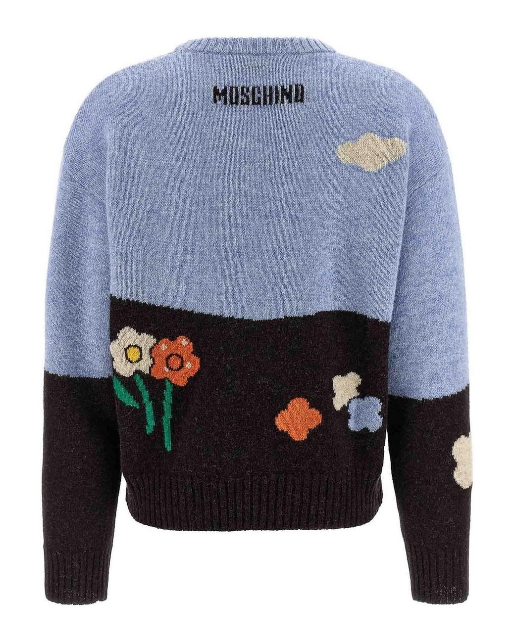 Moschino Blue Shetland Wool Sweater With Landscape Intarsia