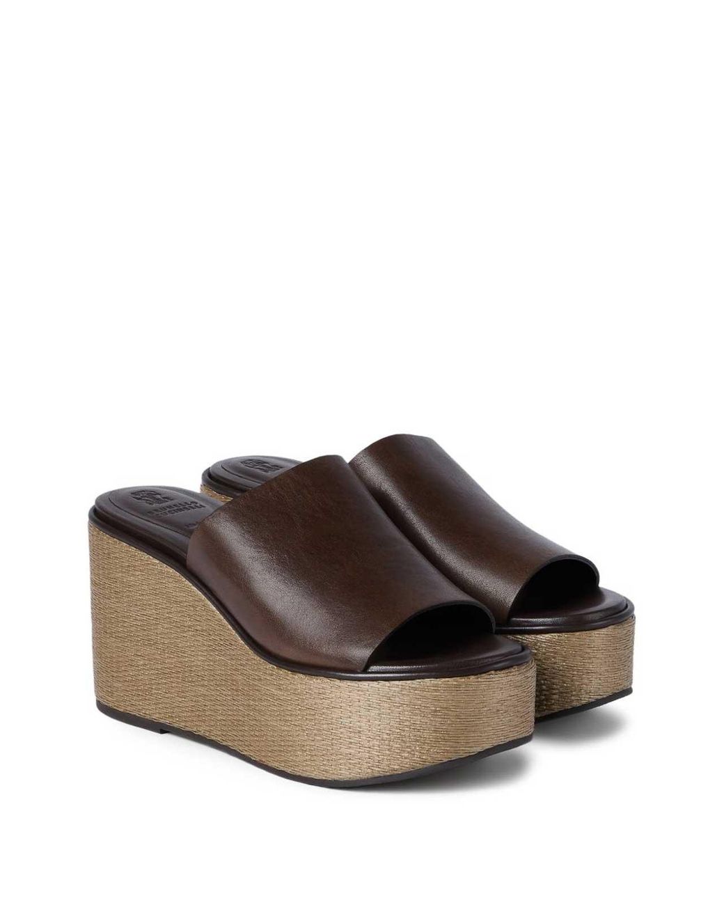 Brunello Cucinelli Brown Leather Wedge Sandals 100