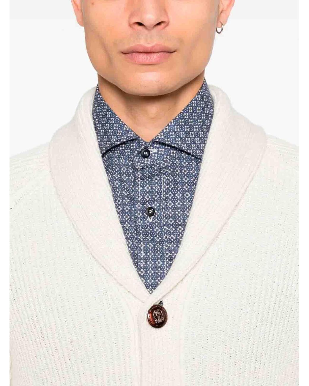 Brunello Cucinelli White English Rib Knit Cardigan for men