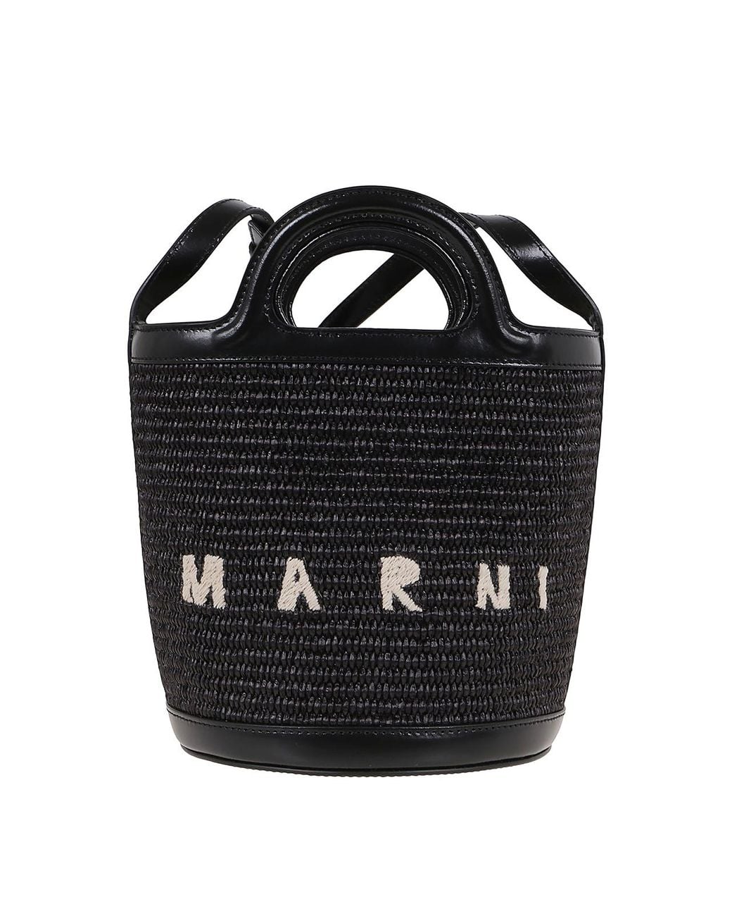 Marni Black Raffia And Leather Bucket Bag