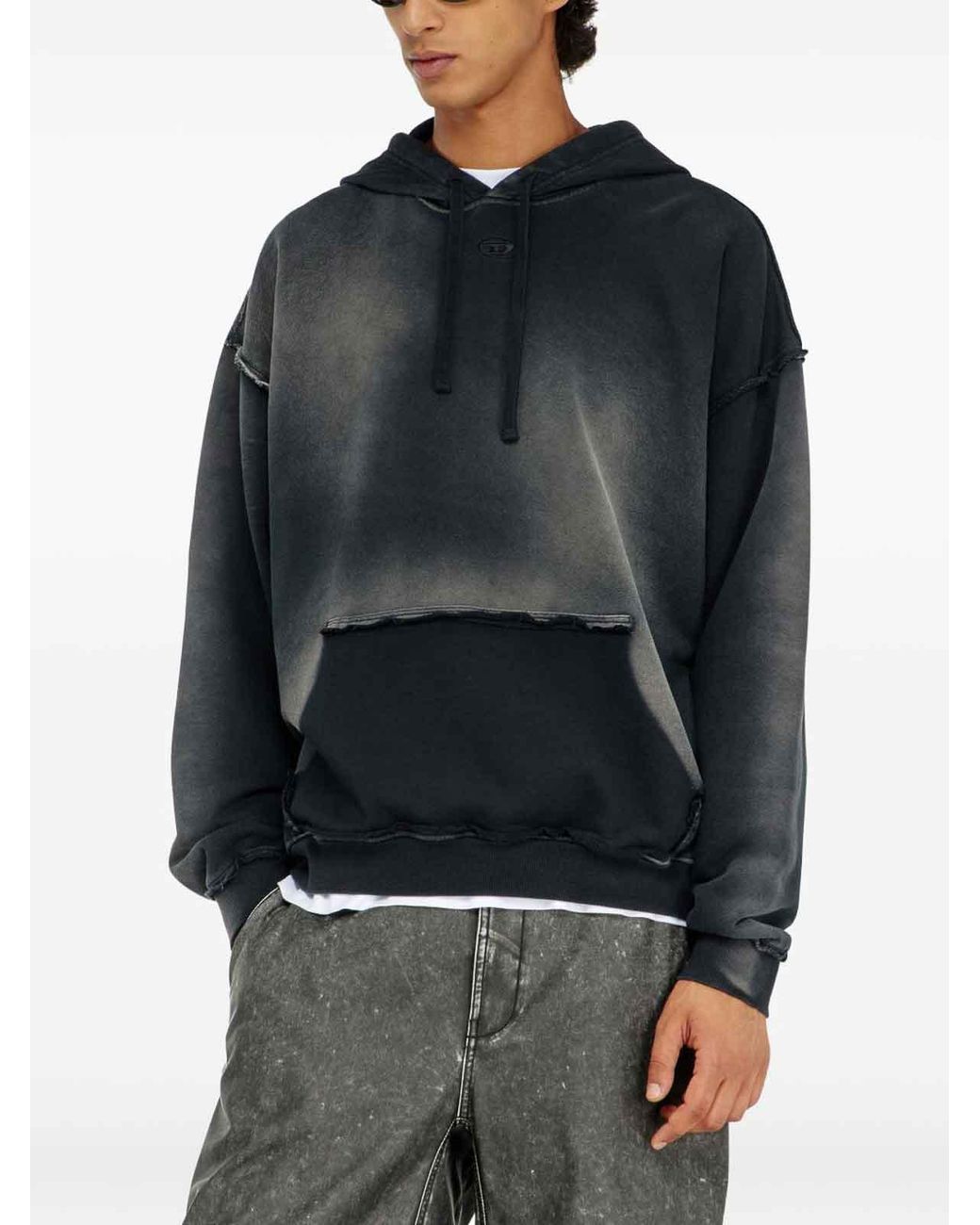 DIESEL Blue Faded Cotton Hoodie With Frayed Details for men