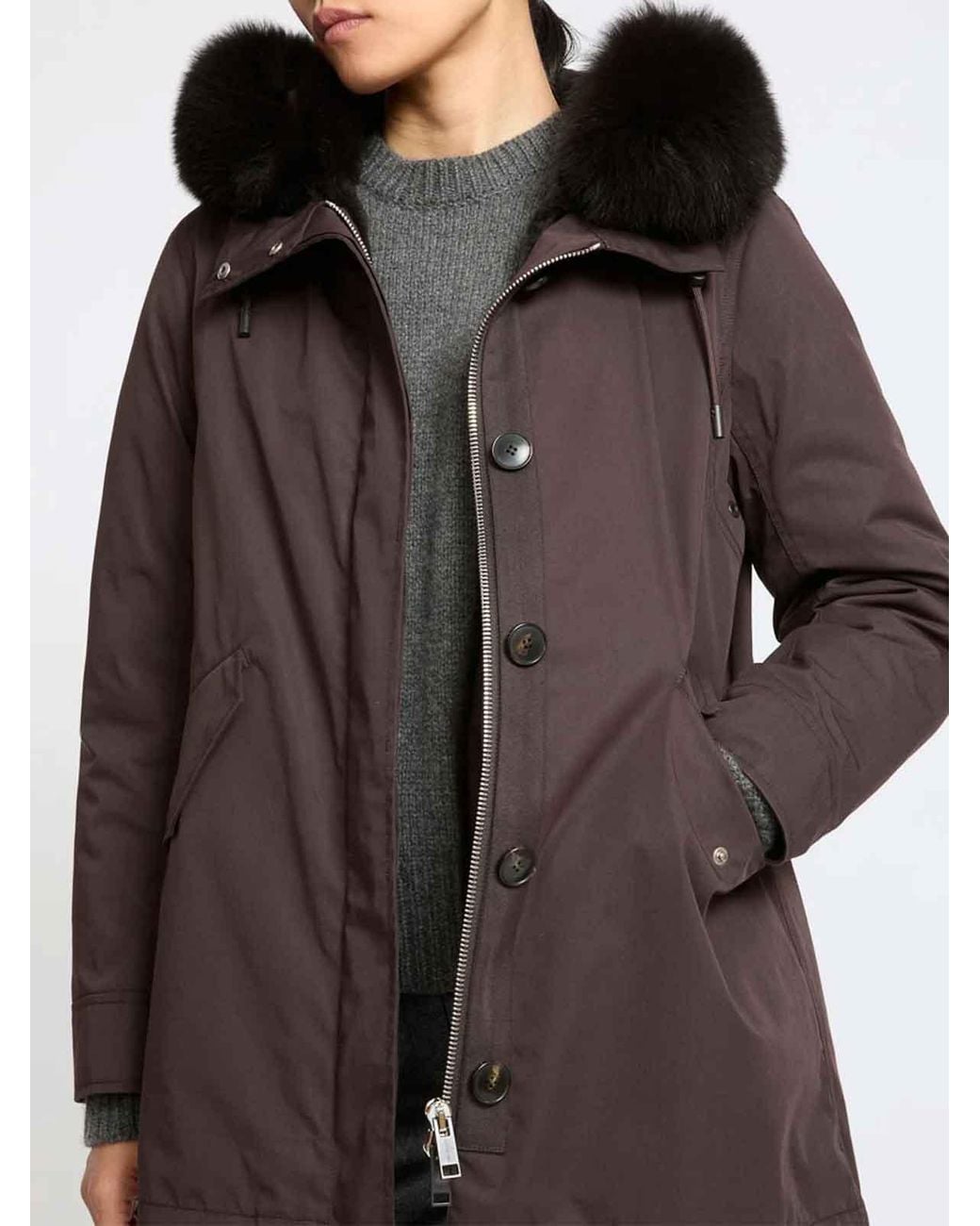 Yves Salomon Brown Short Waterproof Cotton Blend Fur-Trim Parka