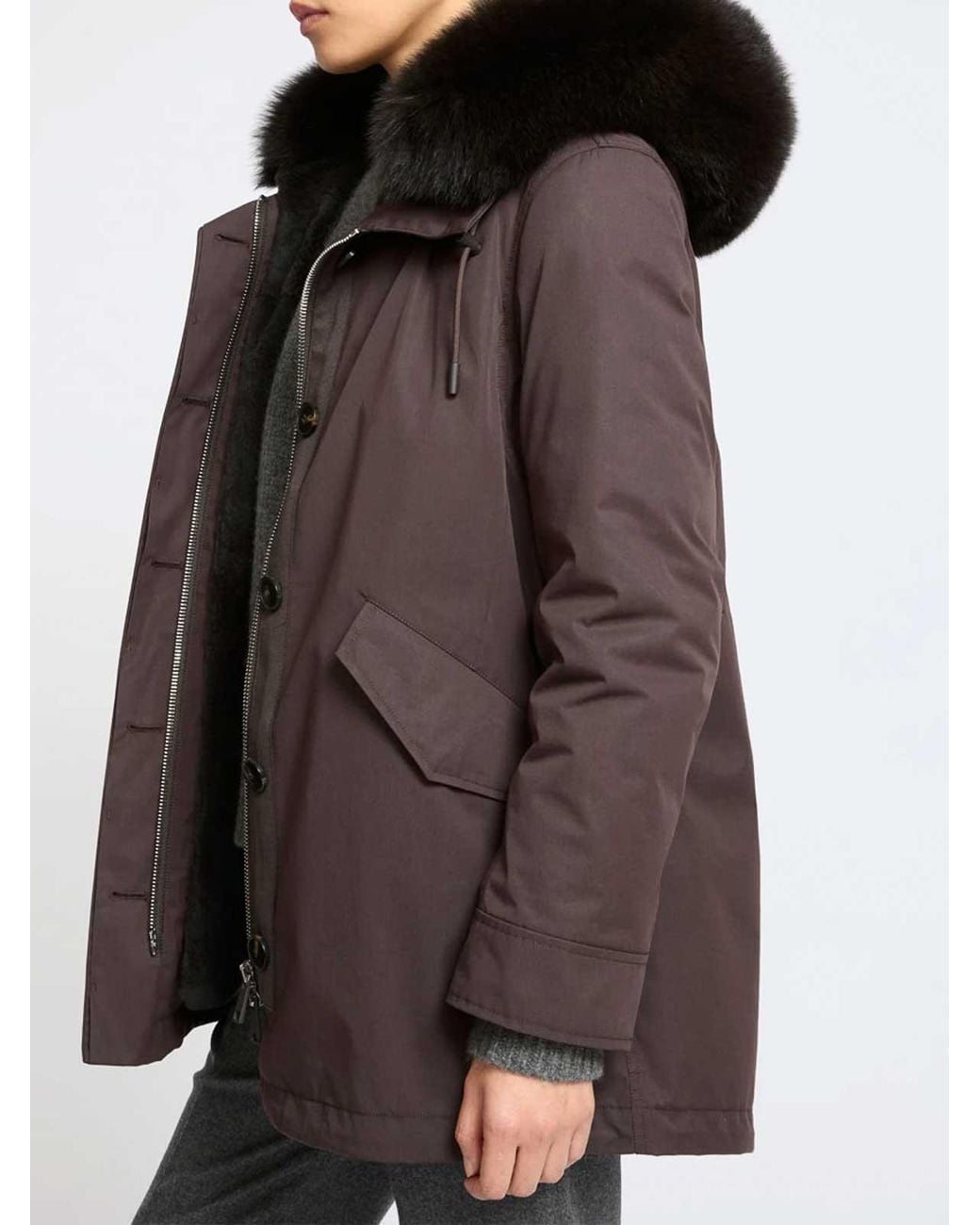 Yves Salomon Brown Short Waterproof Cotton Blend Fur-Trim Parka