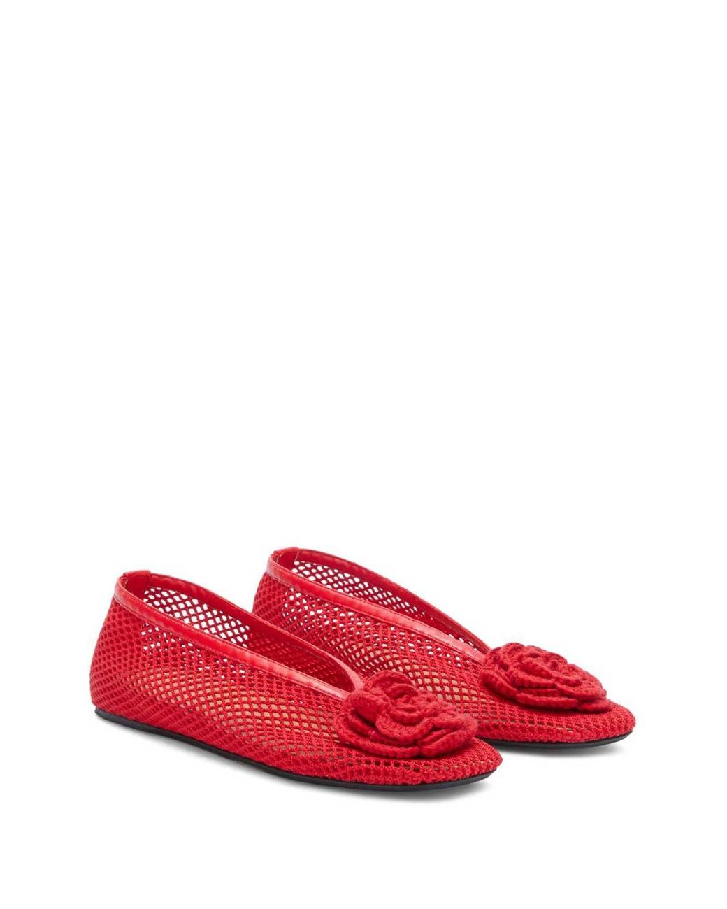 Ganni Red Mesh Ballet Flats With Flower Detail