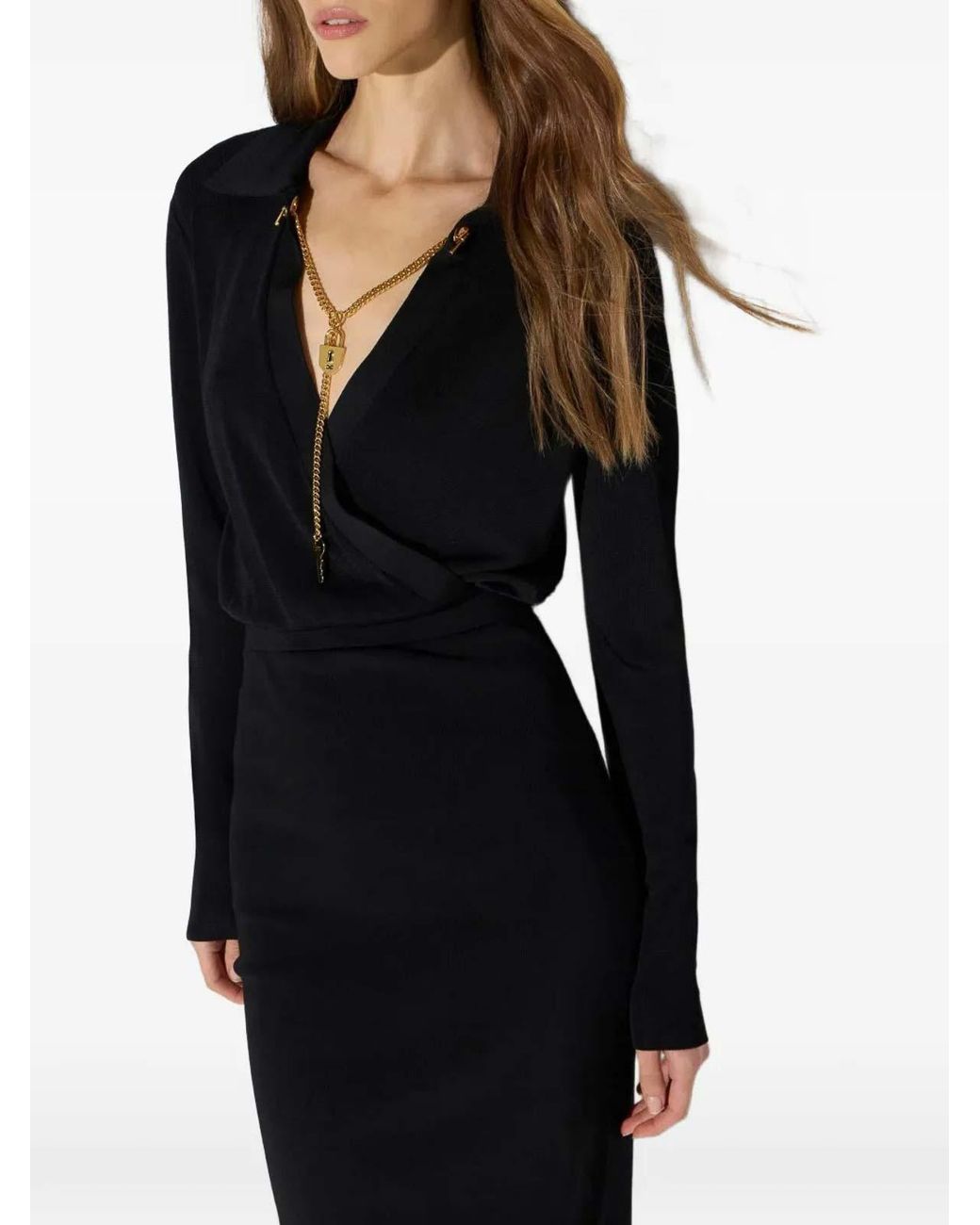 Elisabetta Franchi Black Viscose V-Neck Long-Sleeve Midi Dress