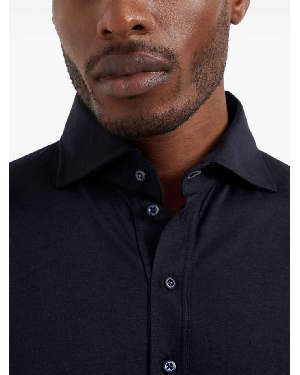 Brunello Cucinelli Blue Long Sleeve Polo With Shirt-Style Collar for men