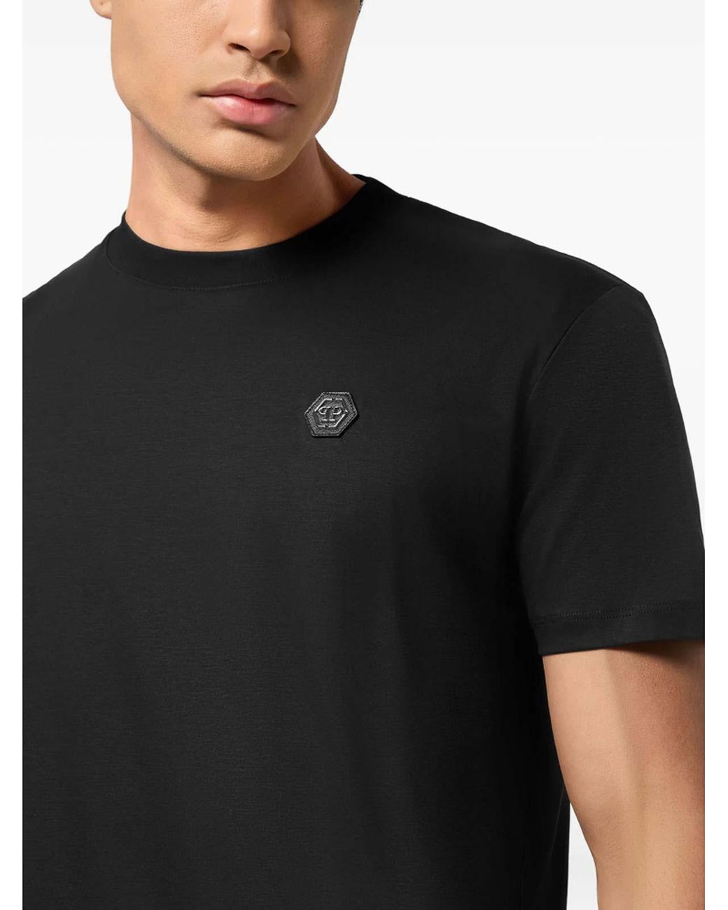 Philipp Plein Black Round Neck Short Sleeve T-Shirt With Logo Plaque for men