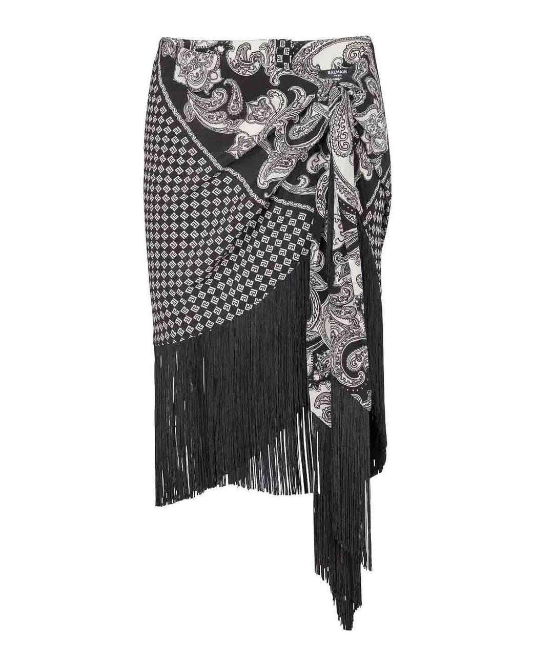 Balmain Black Fringed Silk Scarf Skirt