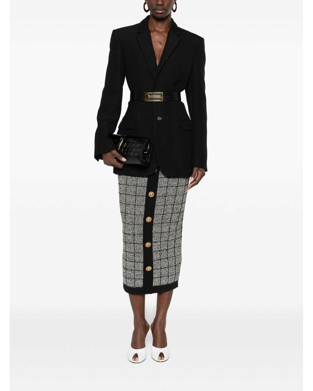 Balmain Gray Checked High-Rise Long Pencil Skirt