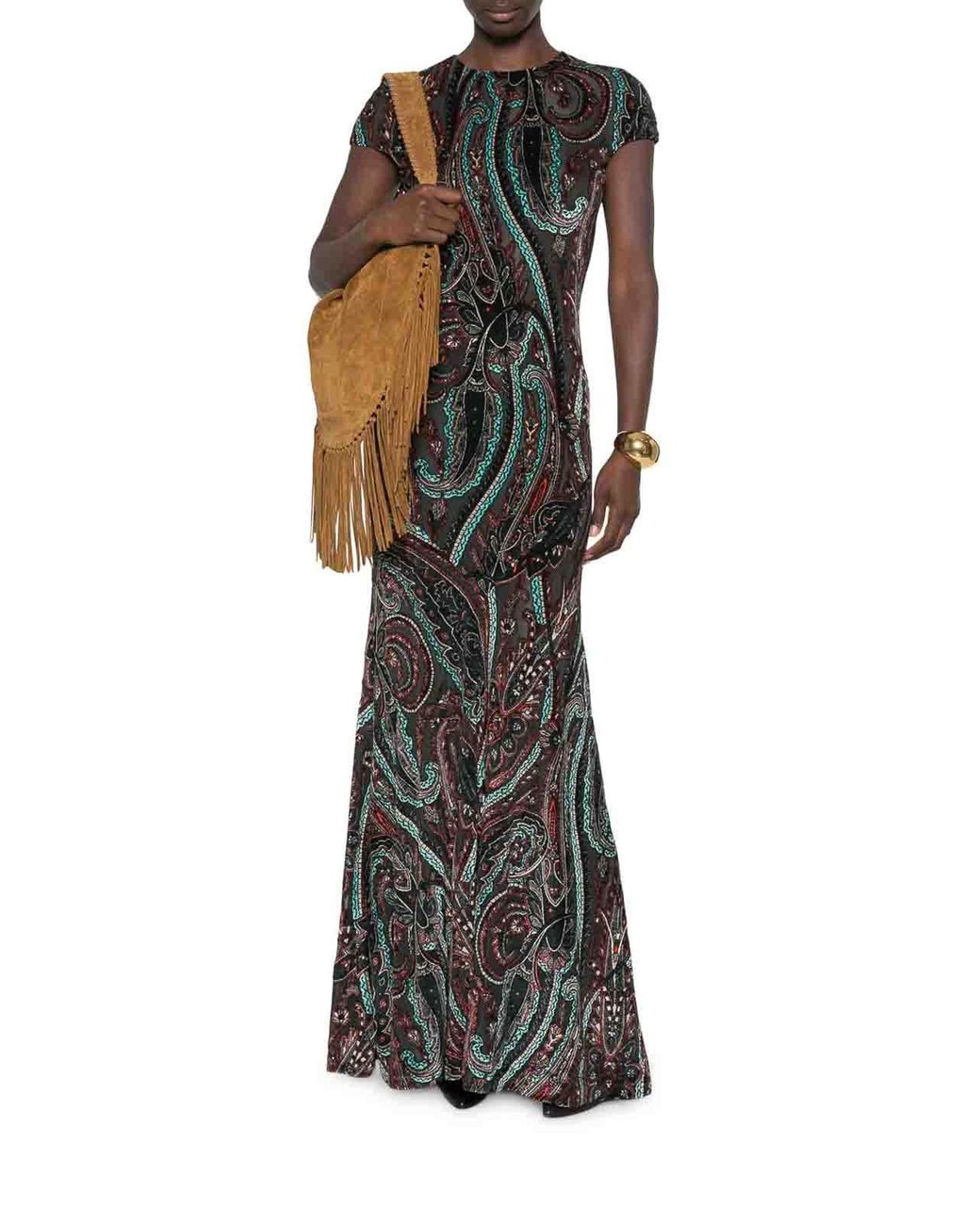 Etro White Long Paisley Print Dress With Short Sleeves