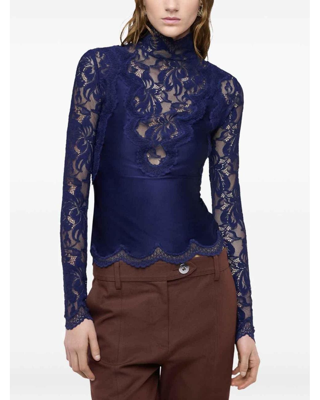 Rabanne Blue Long-Sleeved Lace Jersey Top