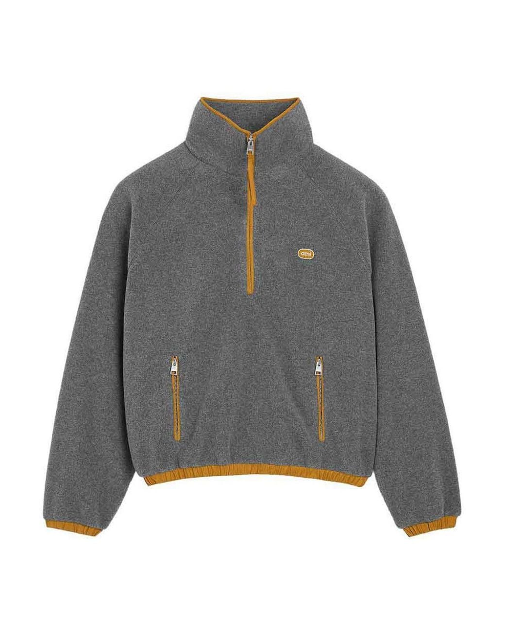 AMI Gray High-Collar Knit Zip Jacket for men