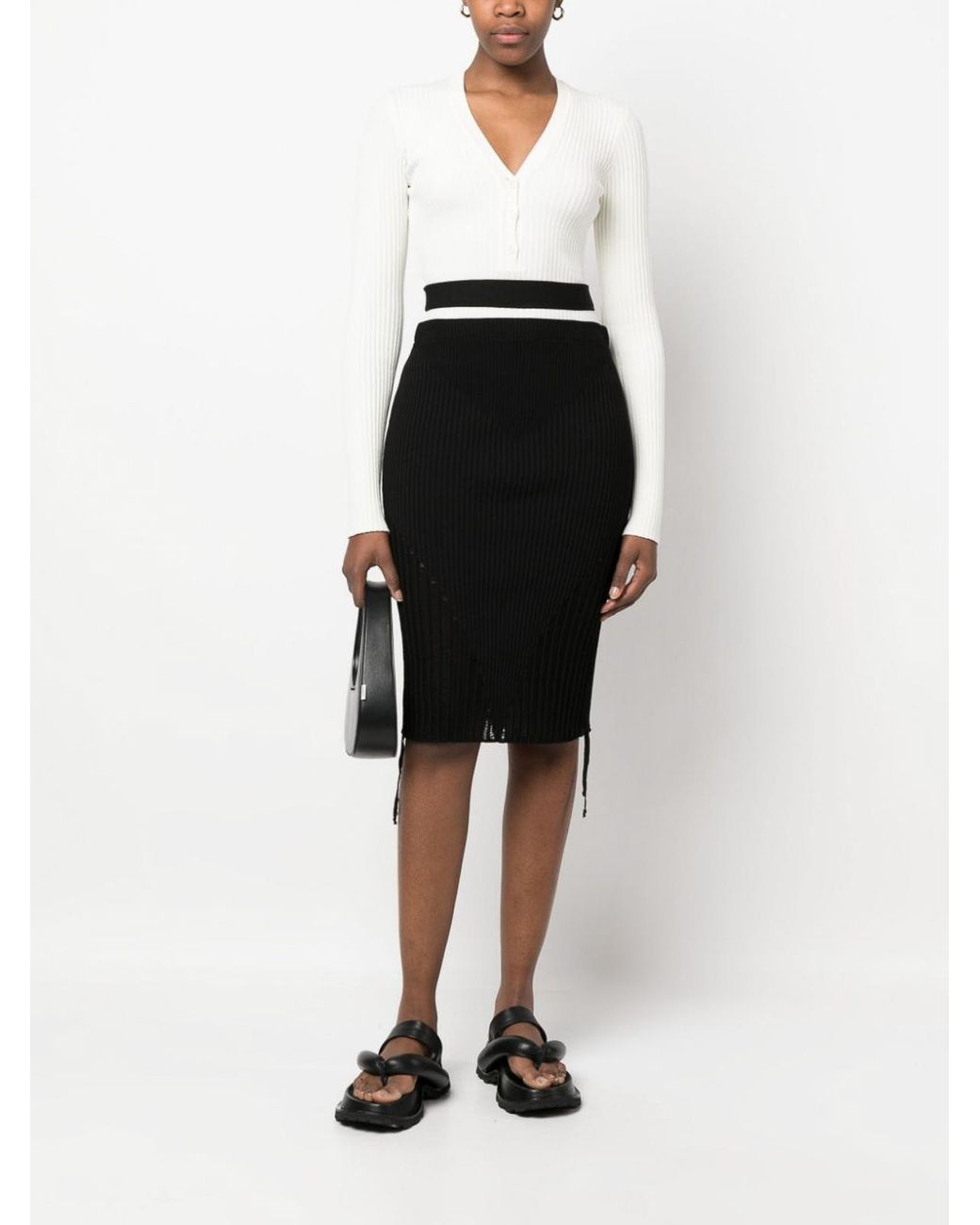 ANDREADAMO Black Ribbed Cut-Out Midi Skirt