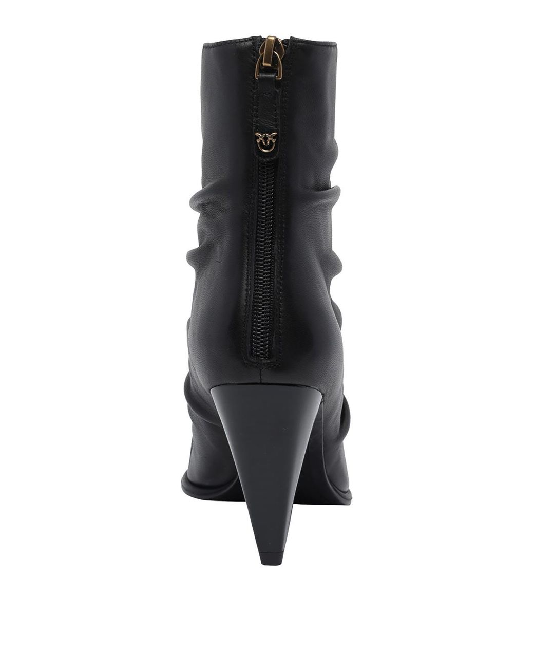 Pinko Black Vane Draped Leather Ankle Boots With High Flared Heel And Almond Toe