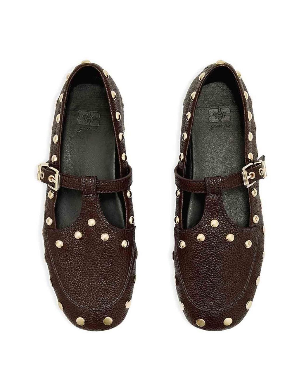 Ganni Brown Grained Mary Jenny Studded Ballet Flats