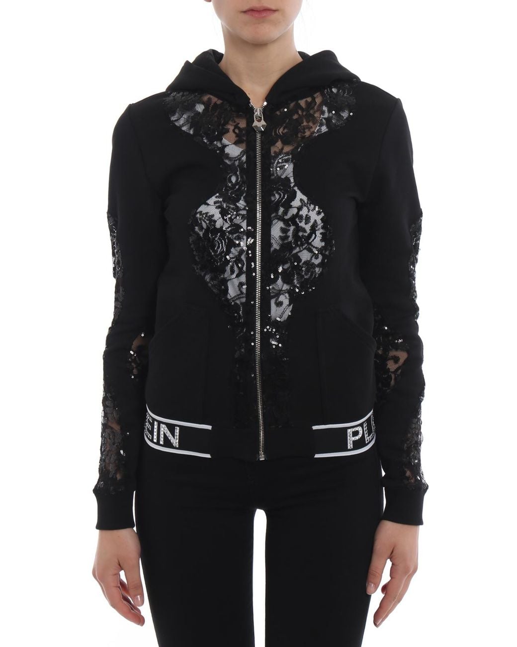 Philipp Plein Black Akhya Hoodie With Sequined Tulle