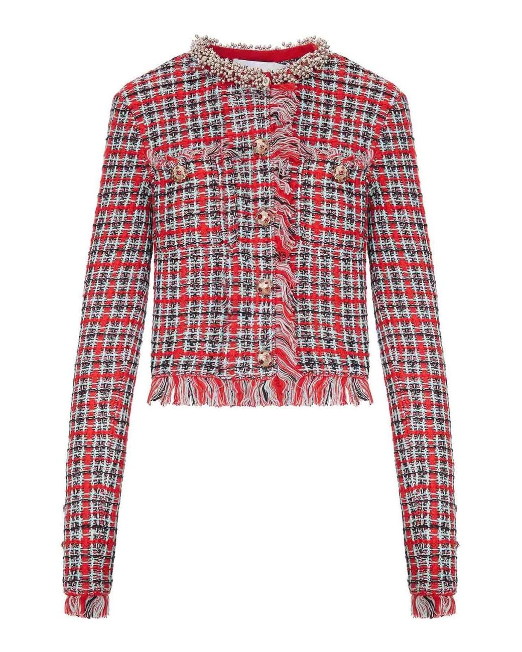 Self-Portrait Red Tweed Short Jacket With Jewel Collar
