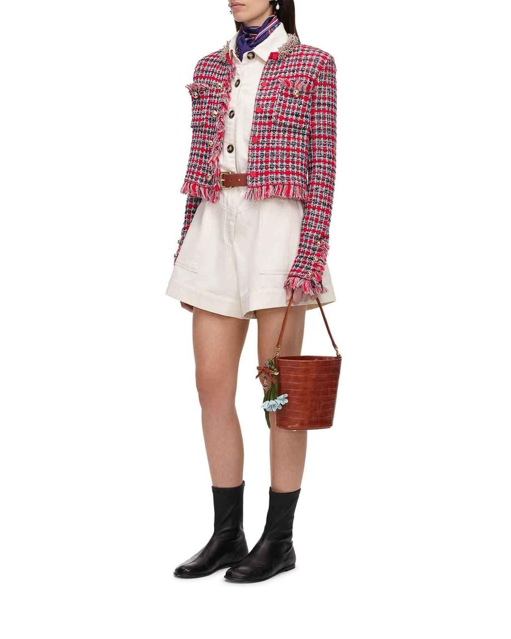 Self-Portrait Red Tweed Short Jacket With Jewel Collar