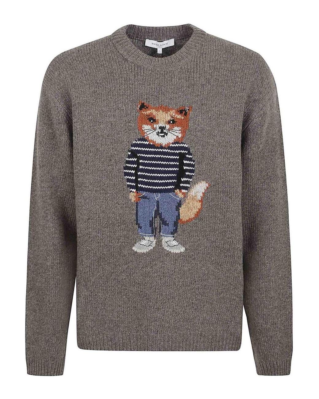 Maison Kitsuné Gray Dressed Fox Intarsia Wool Jumper for men