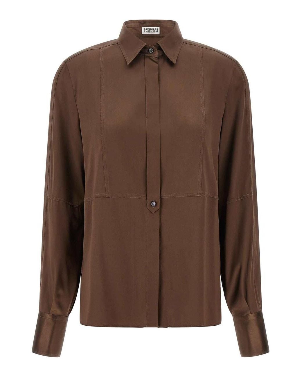 Brunello Cucinelli Brown Stretch Silk Satin Shirt