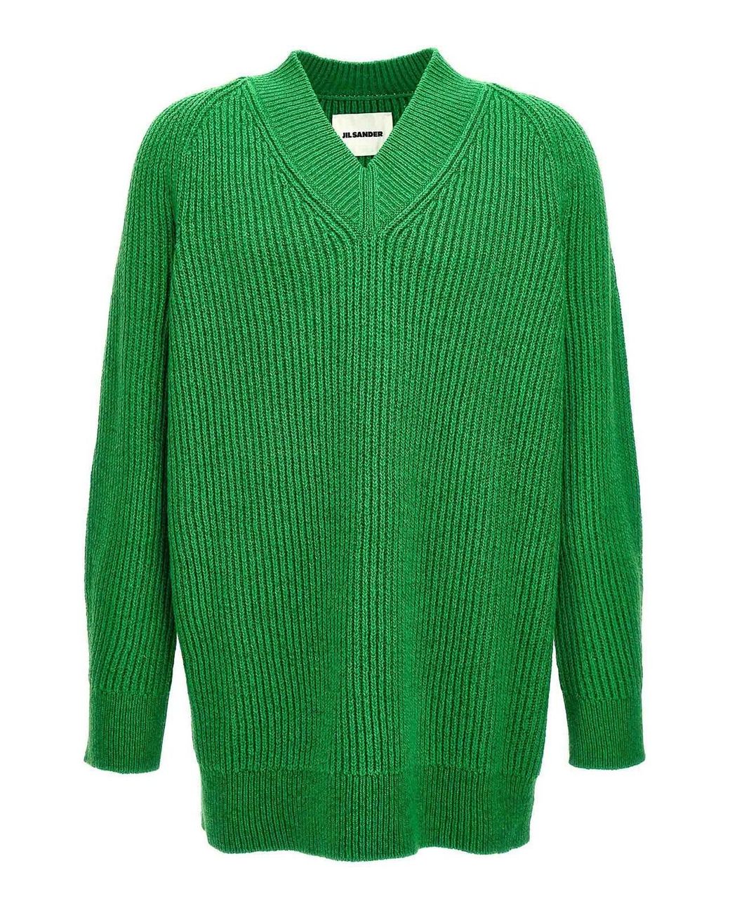 Jil Sander Green V-Neck Oversized Cotton Blend Sweater for men