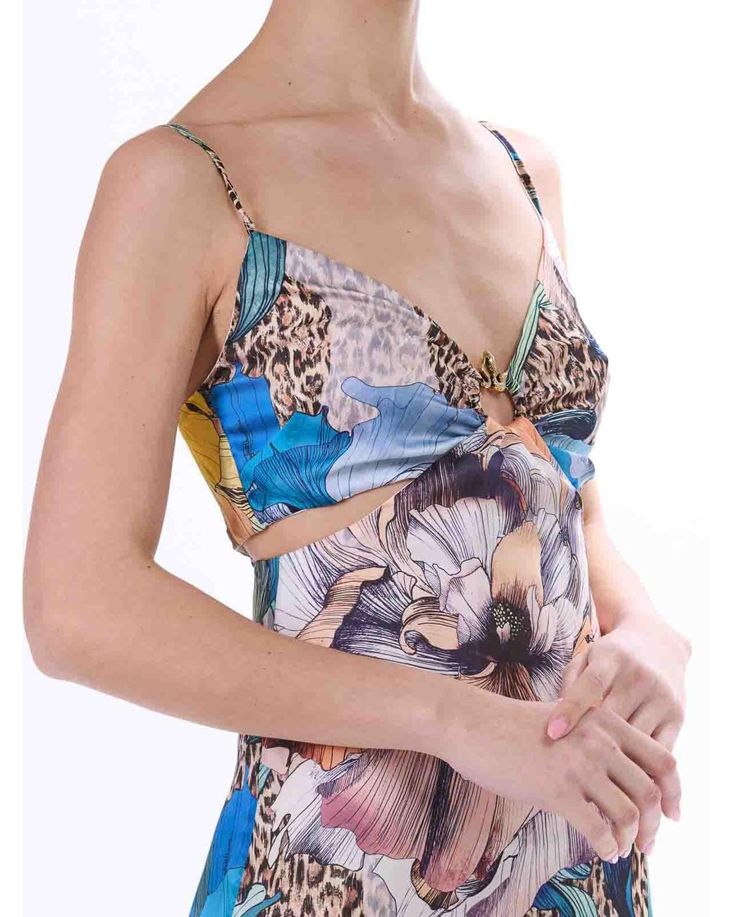 Just Cavalli White Long Element Dress Chiffon Print Flowers