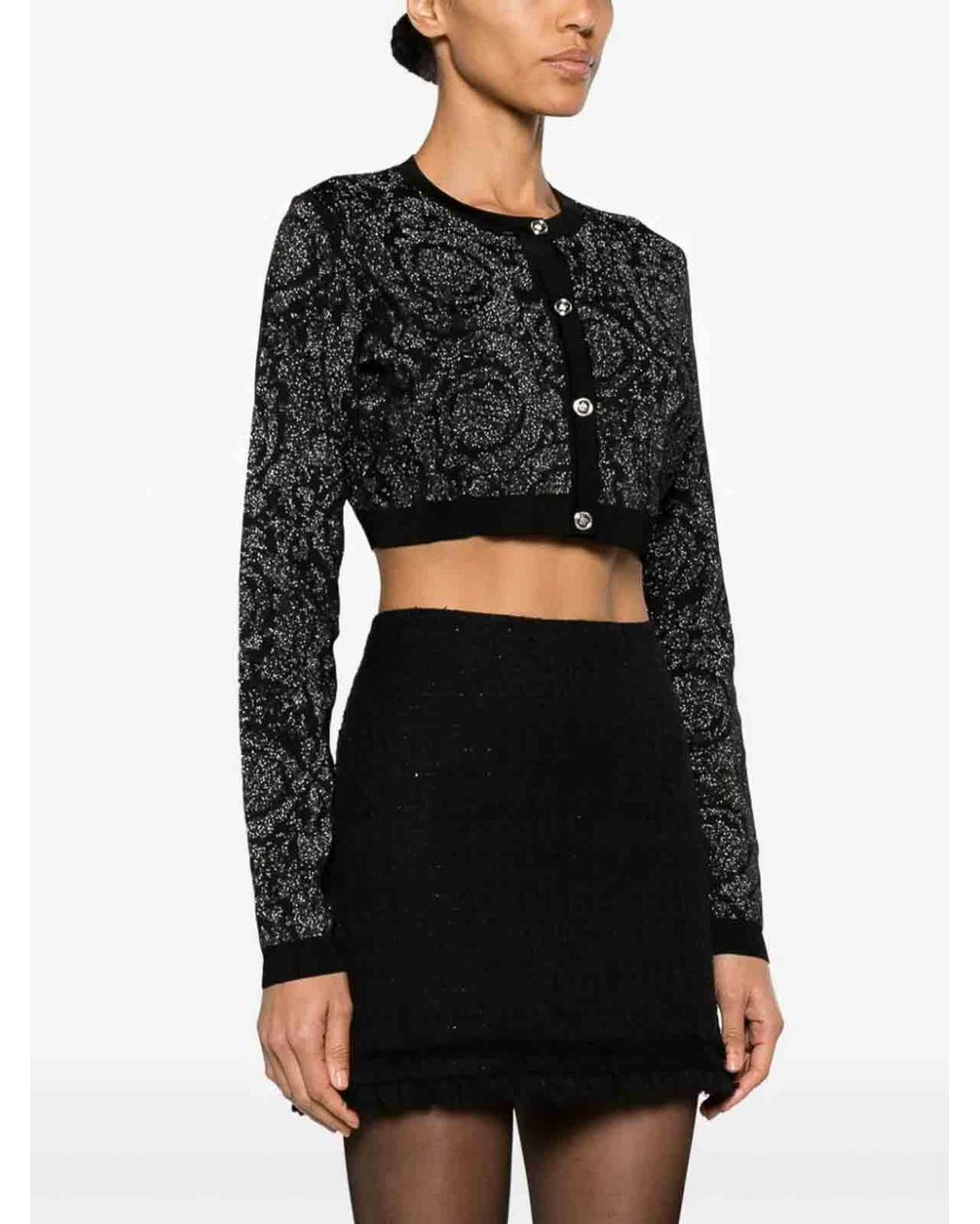 Versace Black Barocco Texture Knit Cropped Cardigan