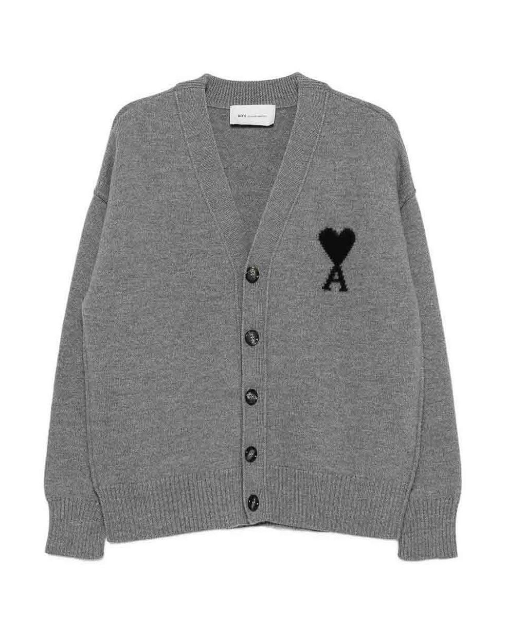 AMI Gray Ami De Coeur Wool Cardigan