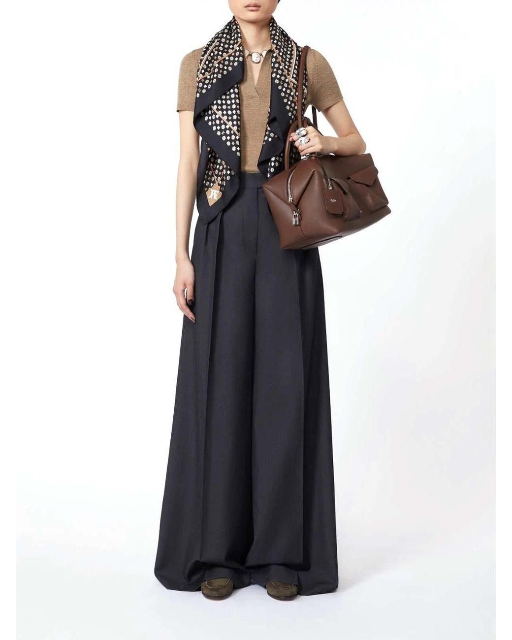 Max Mara Brown Large Leather Satchel Bag With Pockets