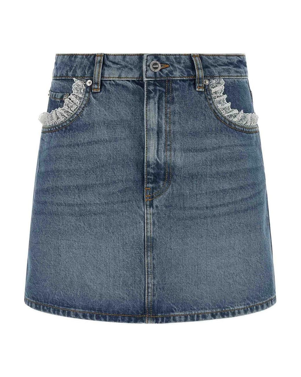 Ganni Blue Denim And Lace Skirt