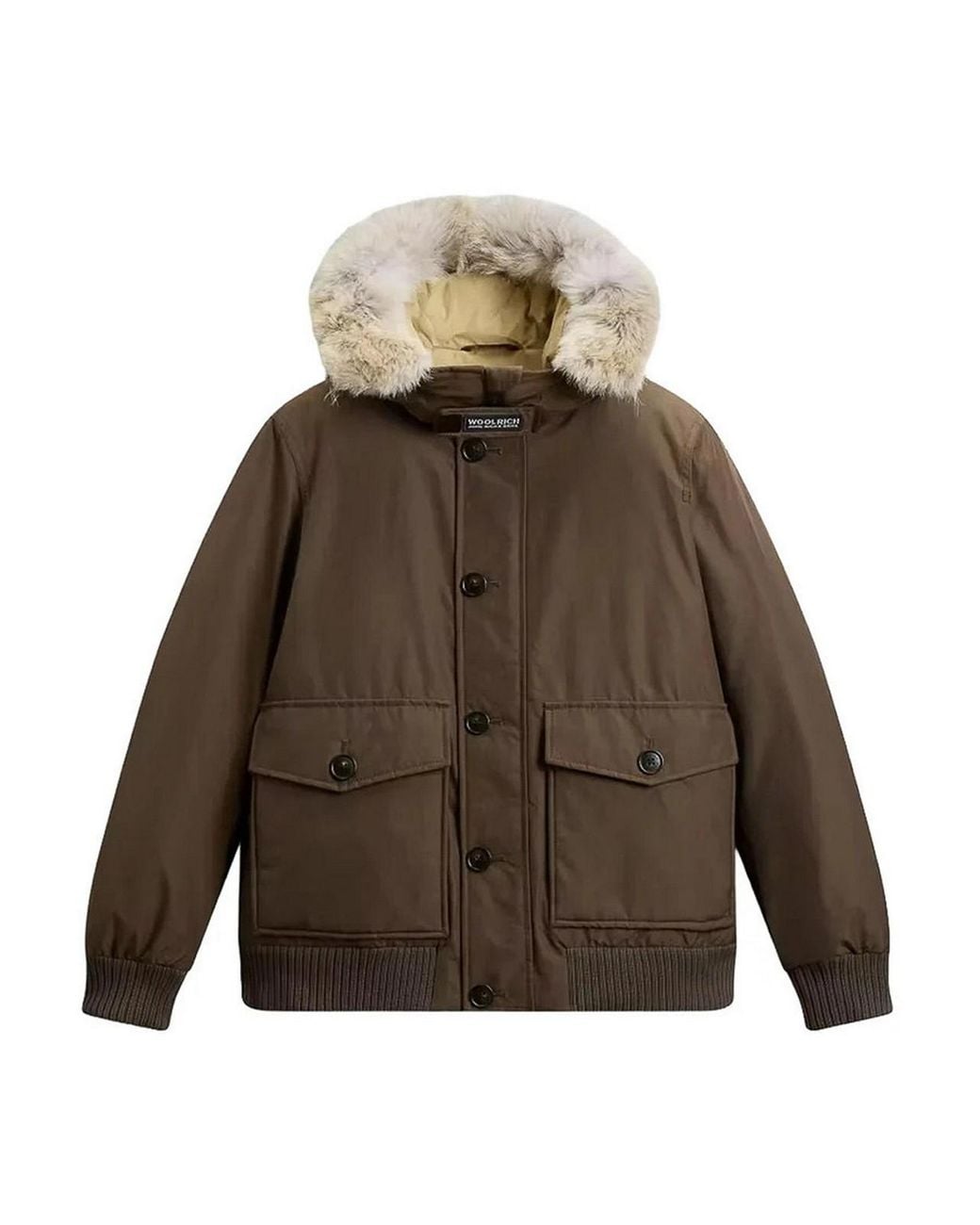 Woolrich Brown Hooded Jacket With Fluffy Trim for men
