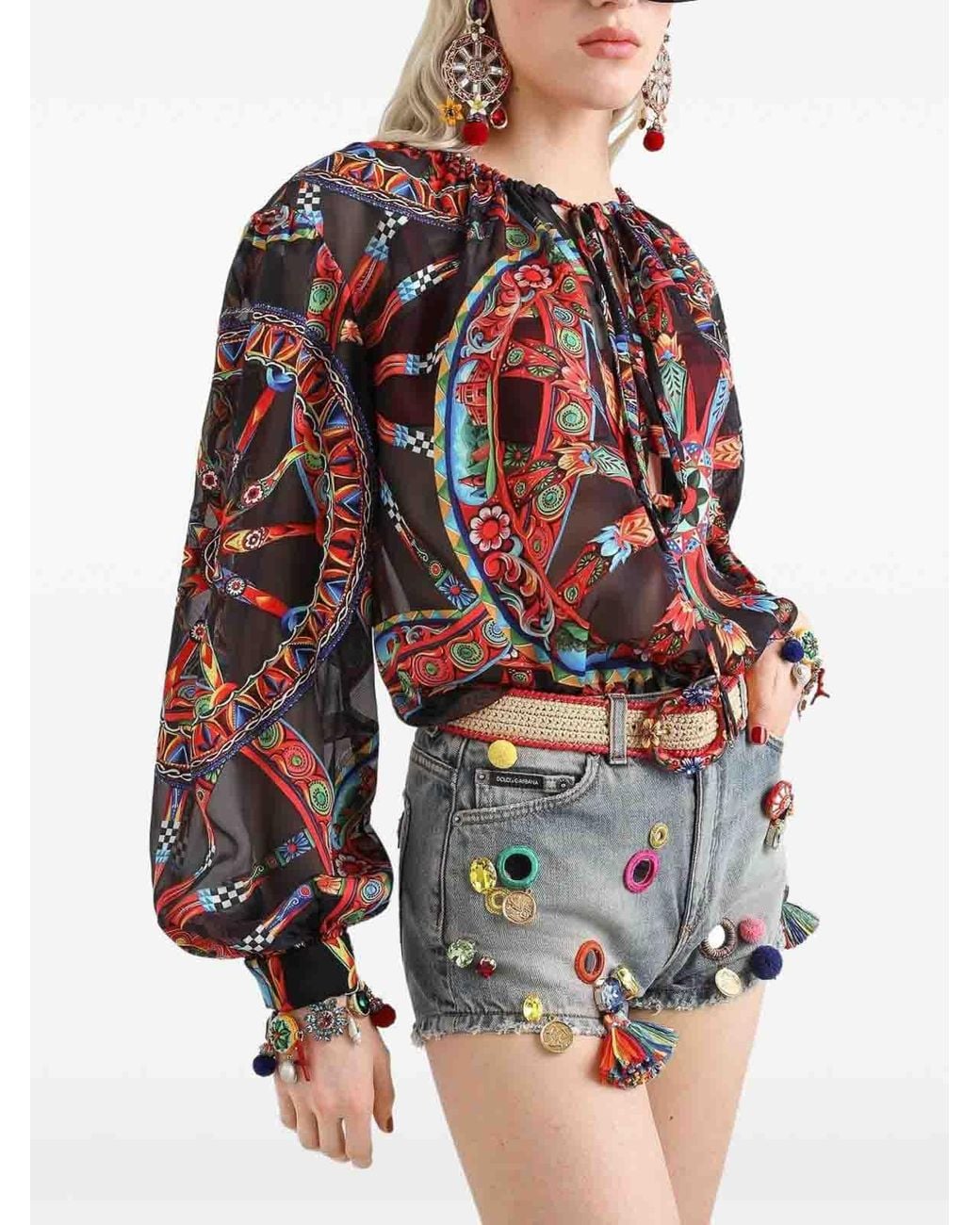 Dolce & Gabbana Red Carretto Print Devor Twill Blouse