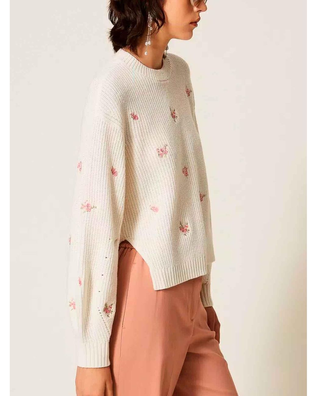 Twinset White Ribbed Sweater With Floral Embroidery