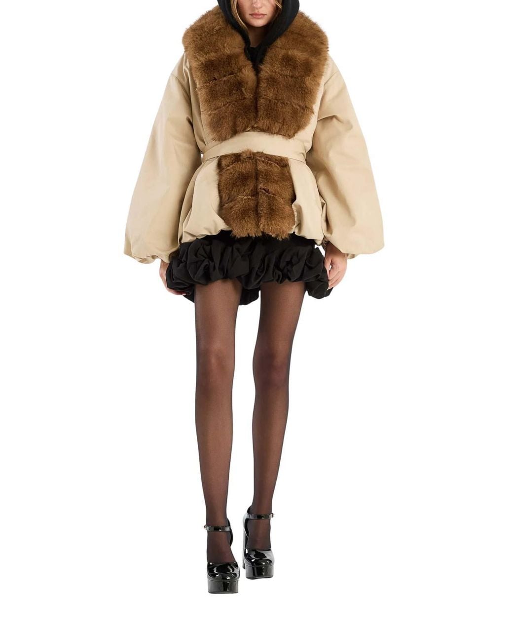 ROTATE BIRGER CHRISTENSEN Natural Voluminous Jacket With Plush Fur Collar